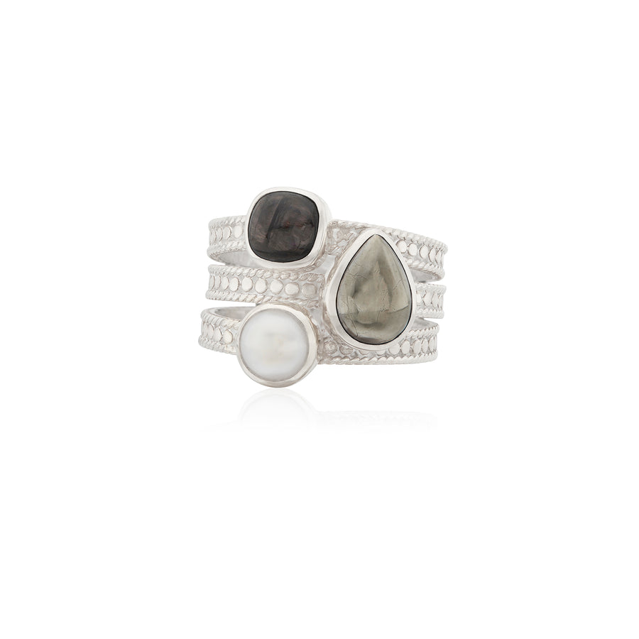 Hypersthene, Pyrite, and Pearl Faux Stacking Ring - Silver