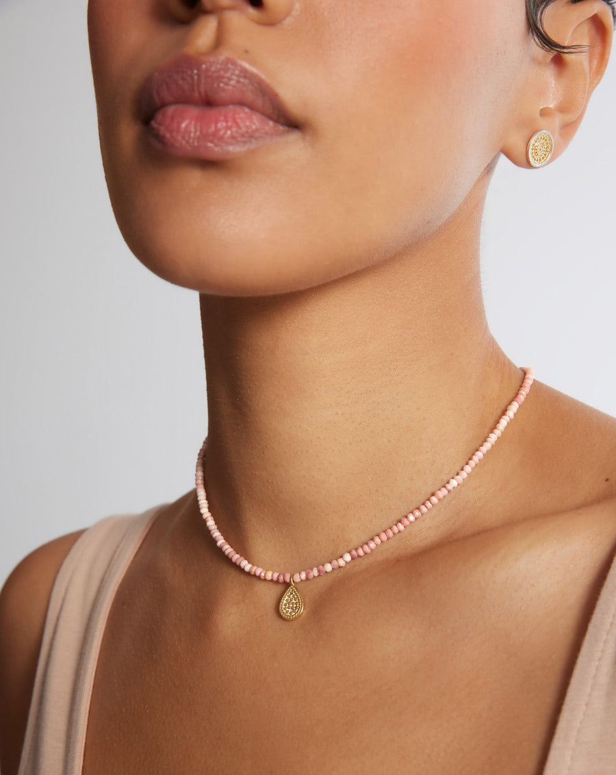 Beaded Pink Opal Drop Pendant Necklace