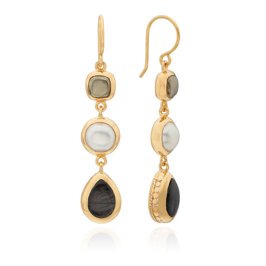 Hypersthene, Pyrite, and Pearl Triple Drop Earrings - Gold