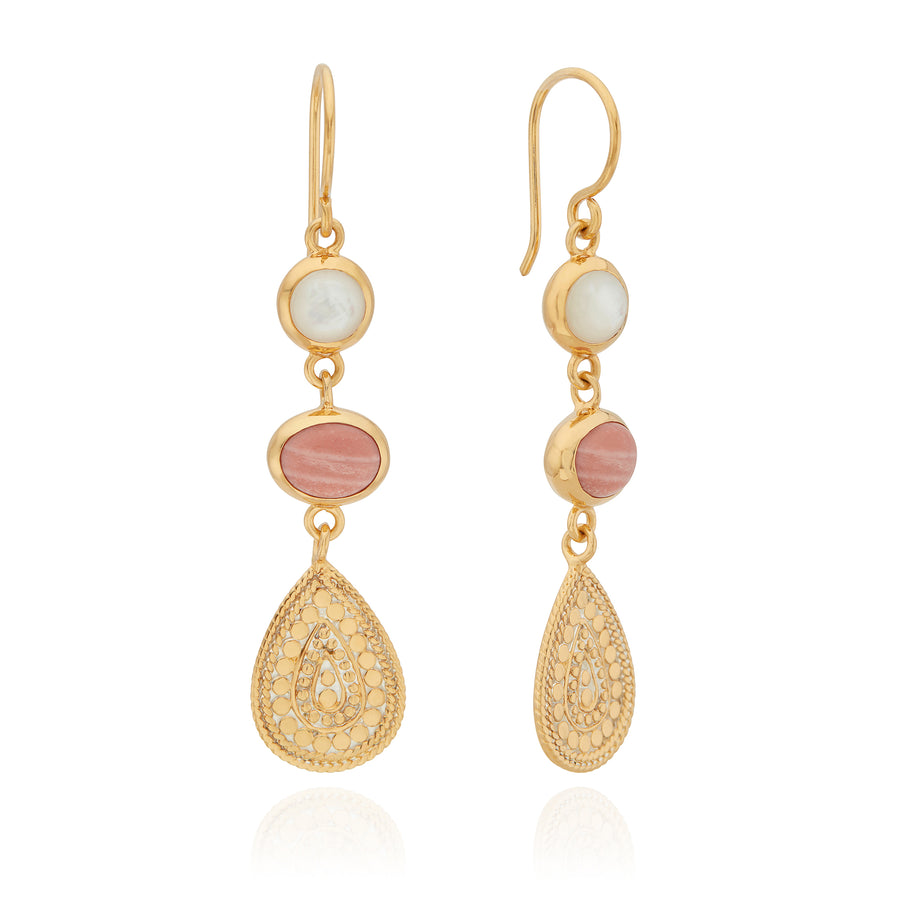 Pink Opal and Mother of Pearl Triple Drop Earrings - Gold