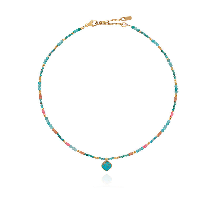 Delicate Beaded Multi-Stone Cushion Turquoise Pendant Necklace