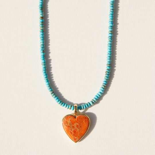 Turquoise & Sunstone Heart Pendant Necklace - Removable
