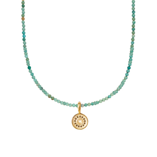 Mini Turquoise Beads x Medium Gold Dotted Pendant Necklace