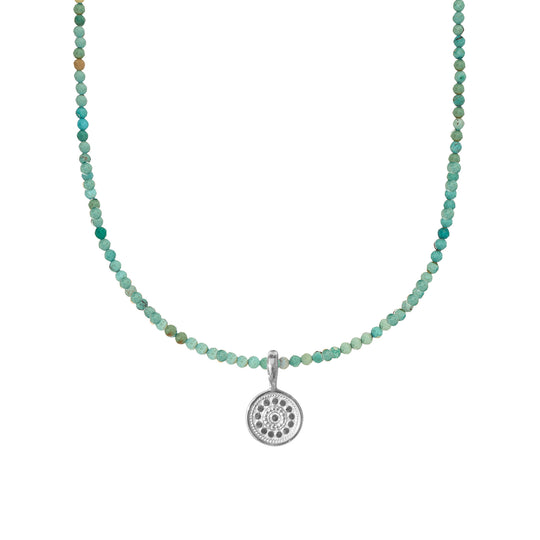 Mini Turquoise Beads x Medium Silver Dotted Pendant Necklace