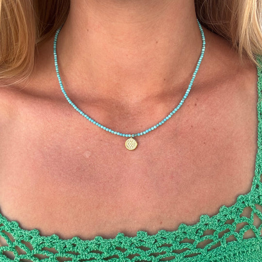 Turquoise Beaded & Gold Dotted Pendant Necklace H