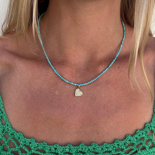 Turquoise Beaded & Dotted Heart Pendant Necklace