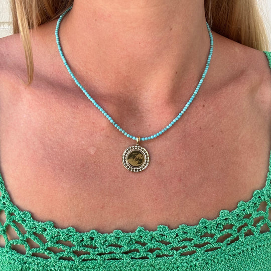 Turquoise Beaded & Gold Dotted Pendant Necklace B