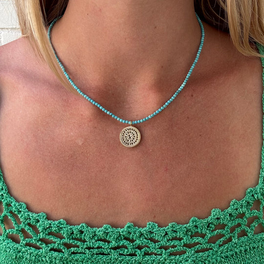 Turquoise Beaded & Gold Dotted Pendant Necklace D