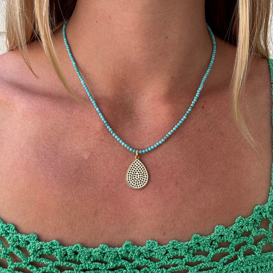 Turquoise Beaded & Gold Dotted Teardrop Pendant Necklace A
