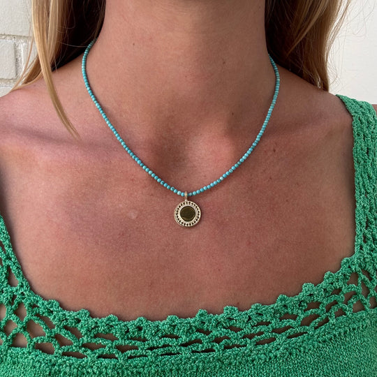 Turquoise Beaded & Gold Dotted Pendant Necklace F