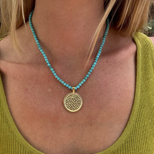 Turquoise Beads & Medium Dotted Pendant Necklace