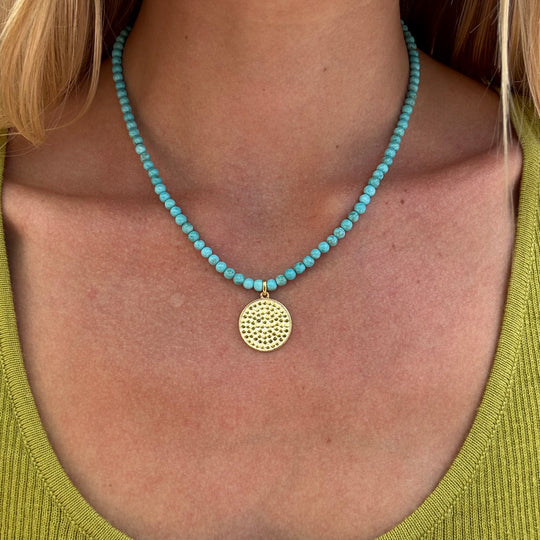 Turquoise Beads & Medium Dotted Pendant Necklace