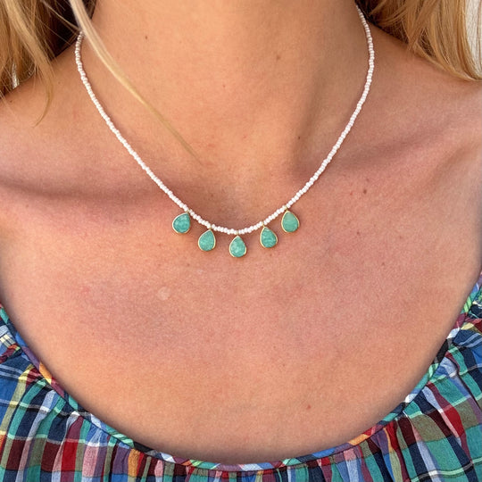 Pearl Beads & Amazonite Drop Necklace