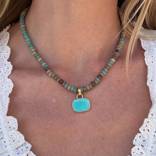 Aqua Terra Jasper Beads & Removable Turquoise Cushion Pendant