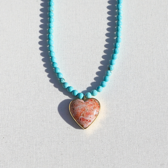 Turquoise & Sunstone Heart Beaded Necklace