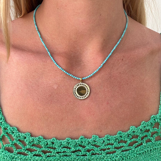 Turquoise Beaded & Gold Dotted Pendant Necklace B