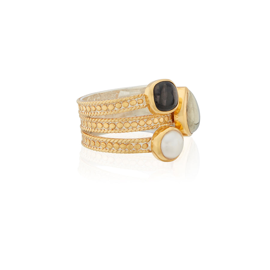 Hypersthene, Pyrite, and Pearl Faux Stacking Ring - Gold