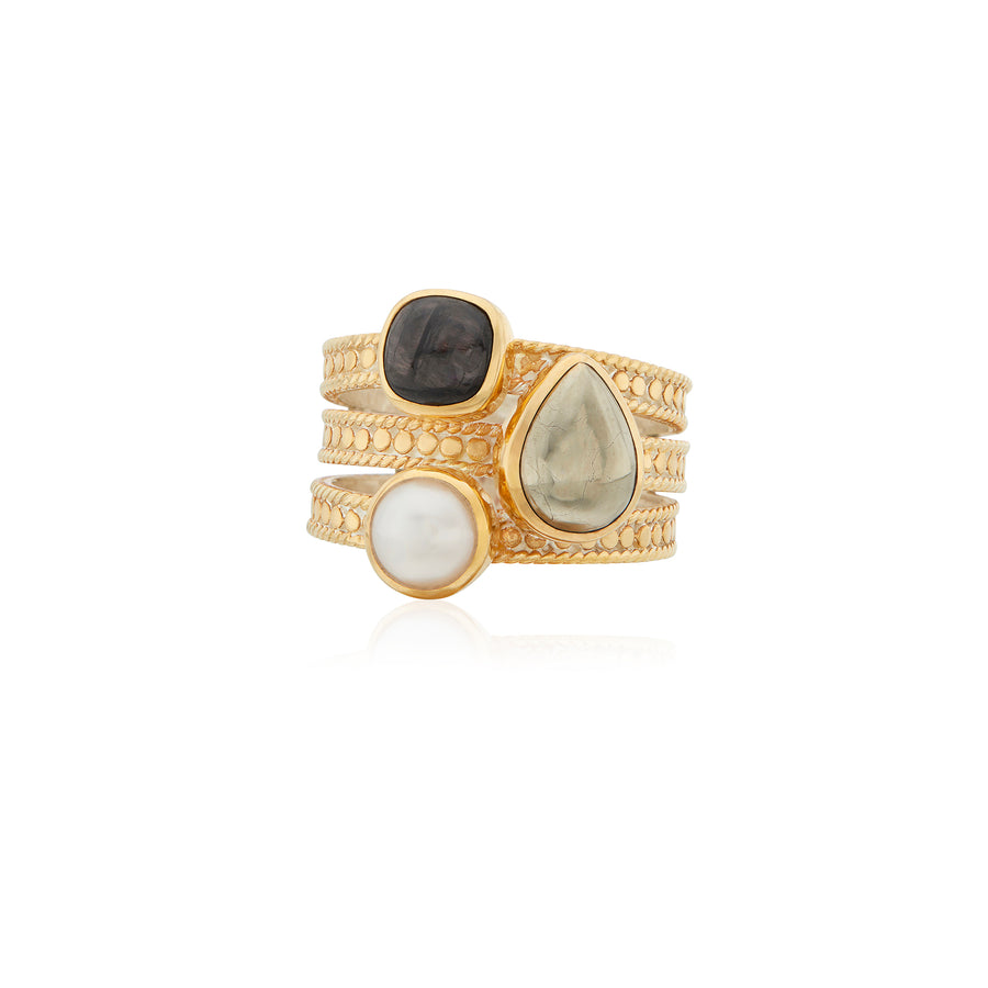 Hypersthene, Pyrite, and Pearl Faux Stacking Ring - Gold