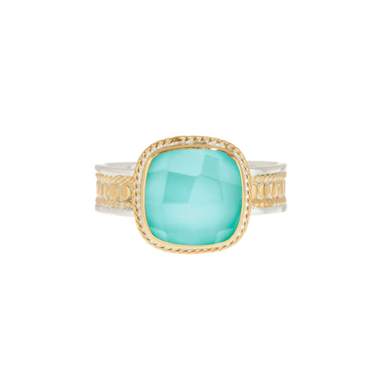 Turquoise and White Quartz Doublet Cushion Ring