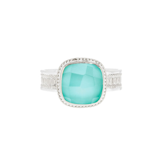 Turquoise and White Quartz Doublet Cushion Ring - Silver