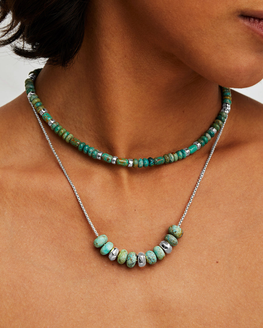 Turquoise Bead and Chain Necklace - Silver