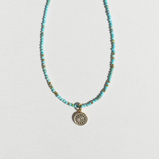 Mini Turquoise And Gold Beads x Medium Gold Dotted Pendant Necklace