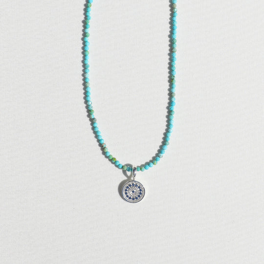 Mini Turquoise Beads x Medium Silver Dotted Pendant Necklace