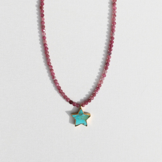 Pink Tourmaline Beads x Turquoise Star Necklace