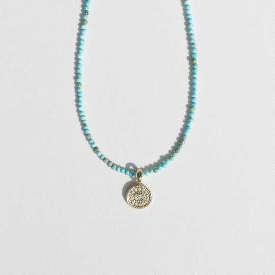 Mini Turquoise Beads x Medium Gold Dotted Pendant Necklace