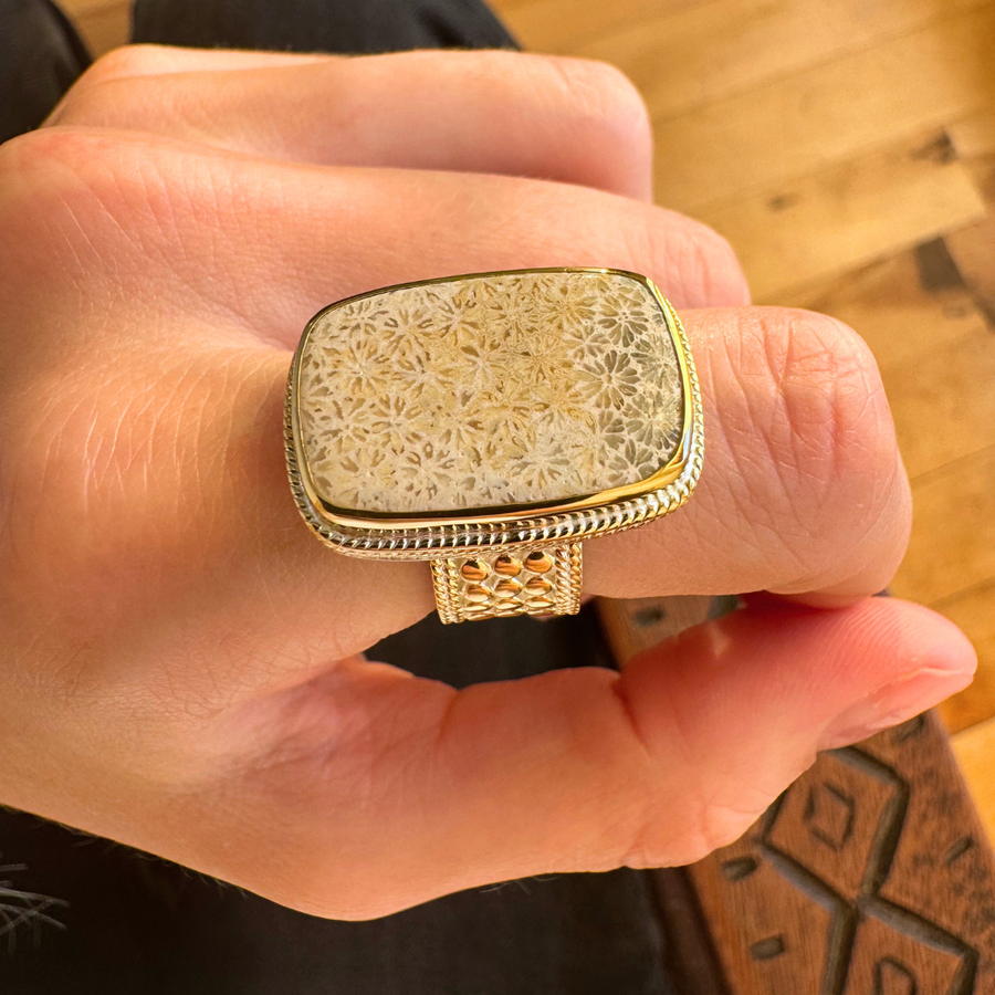 Fossil Coral Cushion Ring