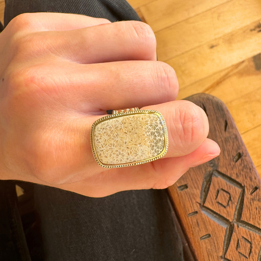 Fossil Coral Cushion Ring