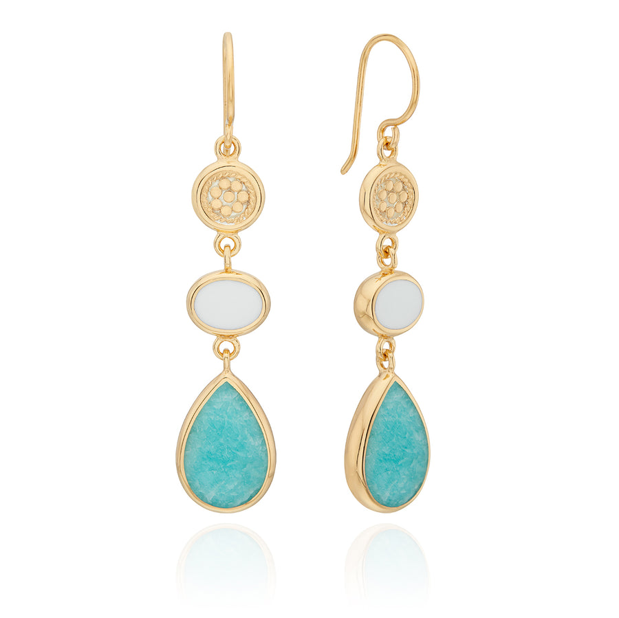 Amazonite and White Agate Triple Drop Earrings - Gold