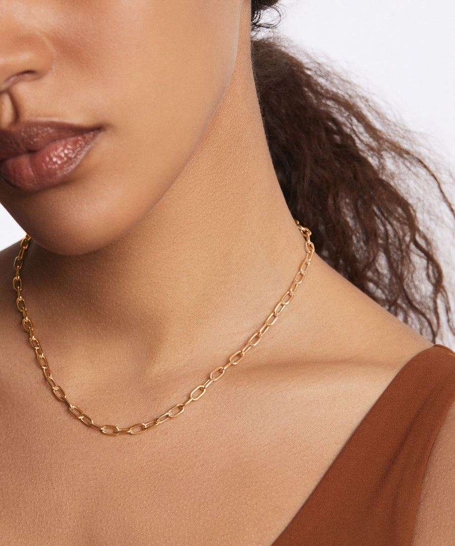 Elongated Oval Chain Collar Necklace - Gold